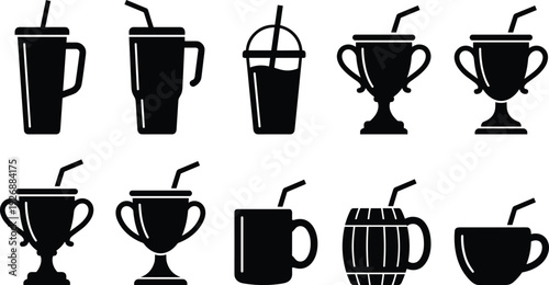Black drink cup and trophy silhouette icon set coffee mug smoothie glass and beverage vector collection isolated on white background