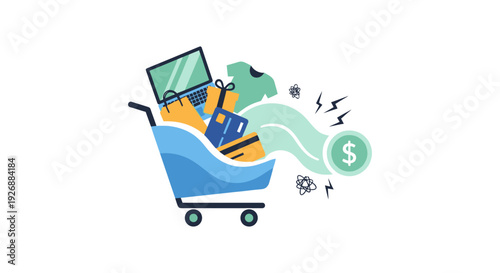 E-commerce Shopping Cart with Laptop, Credit Cards & Dollar Sign. Online Retail, Consumerism & Digital Payment Concept Illustration.