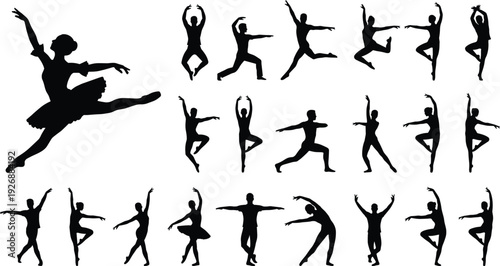 Black Silhouettes of Ballet Dancers in Various Graceful Poses Isolated on White Background Classical Dance Performance Vector Collection Set