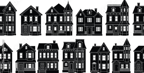 Victorian and Classic Townhouse Silhouettes Collection with Detailed Facades Isolated on White Background Architectural Vector Illustration Set