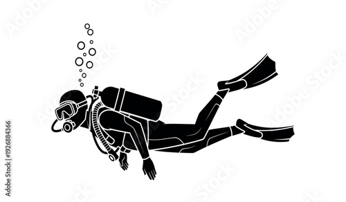 Scuba diver in full gear swimming underwater with bubbles