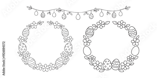 Line art illustration of two Easter egg and flower wreaths with an egg garland, perfect for coloring pages and holiday decorations.