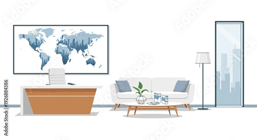 Modern Office Reception Area with World Map and Sofa.