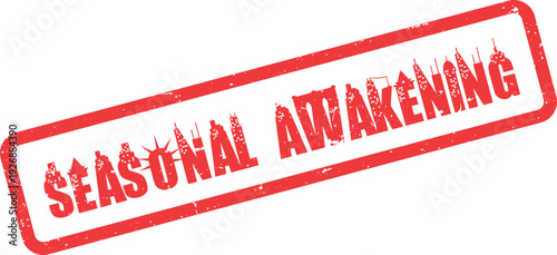 Red urban stamp with city skyline letters symbolizing seasonal changes and metropolitan rebirth