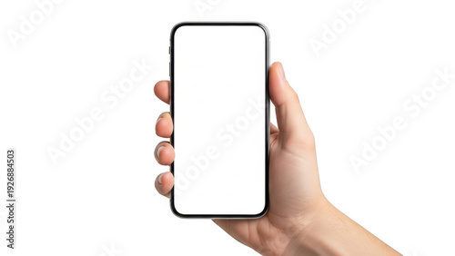 Hand holding smartphone isolated on transparent background