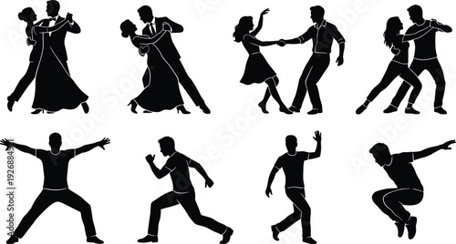 Couples Ballroom and Latin Dance Silhouettes with Solo Male Dancers in Dynamic Poses Isolated on White Background Vector Illustration Set