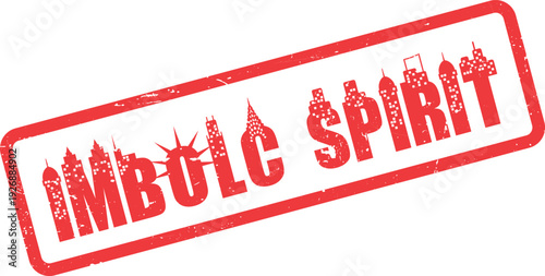 Red grungy rubber stamp with Imbolc Spirit text featuring city skyline letters for urban celebration