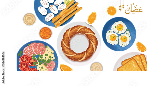 Traditional Middle Eastern Iftar Breakfast Table with Simit Bread Fried Eggs Salami Cheese Tomatoes Dates and Orange Slices for Ramadan Suhoor and Healthy Dining