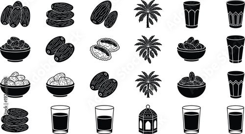 Black Silhouette Icon Set of Dried Dates Palm Trees and Iftar Water Glasses for Ramadan Fasting Calendars Islamic Nutrition Guides and Healthy Halal Food Menus