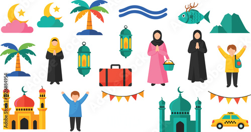 Eid Mubarak Islamic Festival Icon Set with Mosque Lanterns Crescent Moon Muslim Characters and Traditional Decorations for Ramadan Kareem Celebration Greeting Cards and Web Design