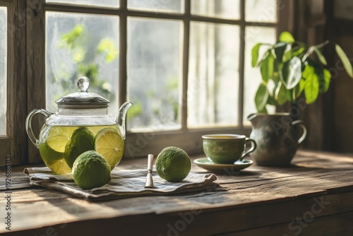 Fresh bergamot fruit arranged on rustic kitchen counter beside Earl Grey teapot and cup highlighting natural ingredients
