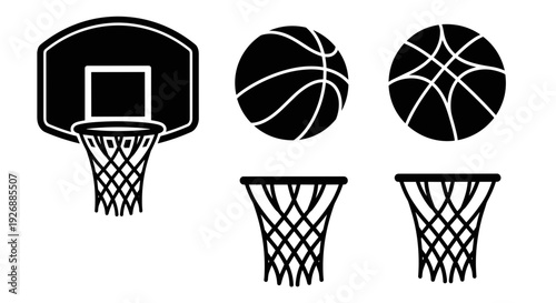Black and white basketball icons with hoops and balls
