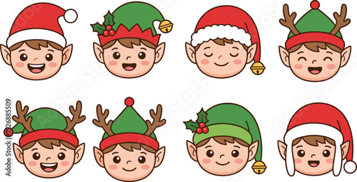 Cartoon Christmas elf faces, festive holiday hats, cheerful character icons, winter celebration design, cute fantasy illustration, seasonal decoration graphics