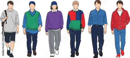 Casual fashion illustration of six stylish men in diverse outfits, showcasing modern streetwear, trendy clothing, accessories, and lifestyle inspiration