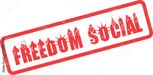 Bold red freedom social message displayed within an emblematic urban skyline stamp