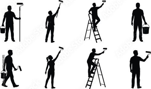 House Painters Silhouettes with Rollers Buckets and Ladders in Different Working Poses Isolated on White Background Home Renovation Vector Illustration Set