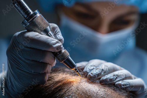 Surgeon using micro punch device for hair transplant