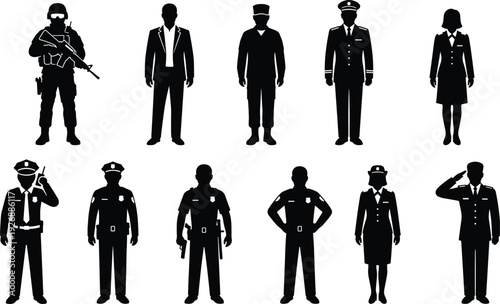 Police officer and security forces silhouette set military and business uniform figures black vector illustration collection isolated on white background