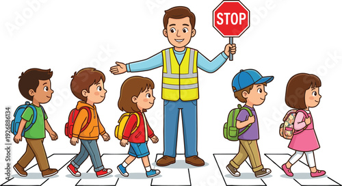School Crossing Guard Holding Stop Sign Assisting Children Walking Across Street Safely on Crosswalk Isolated on White Background Illustration