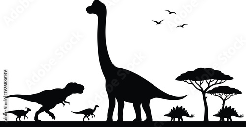 Prehistoric Dinosaur Silhouettes Landscape with Tyrannosaurus, Brachiosaurus and Stegosaurus Against Safari Trees and Flying Pterosaurs Background Illustration