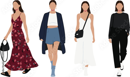 Fashion illustration of four stylish women in trendy outfits, showcasing diverse clothing styles, modern accessories, and contemporary streetwear inspiration