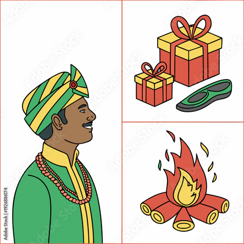 A man in traditional clothing with gifts and a fire Vector
