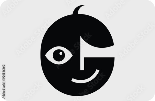 A stylized black and white face icon with a playful expression