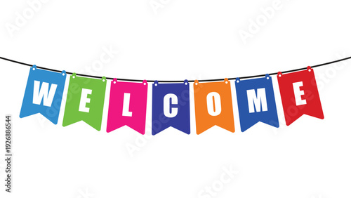 Festive Welcome Bunting Flag Banner Vector Illustration with Colorful Pennants for Party Celebration and Event Greeting