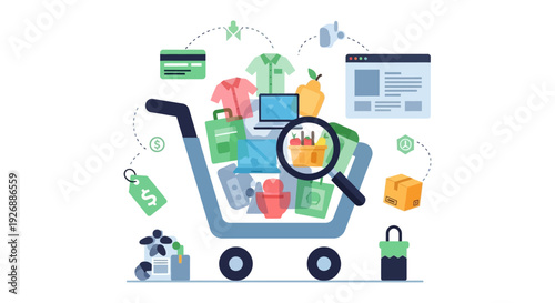 E-commerce Online Shopping Illustration with Full Cart, Product Search, Digital Payments, Delivery, and Retail Technology
