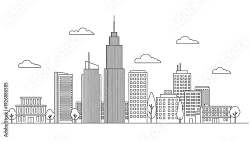 Line art of a city skyline with various skyscrapers, low-rise buildings, trees, and clouds. Minimalist and modern design, conveying an urban theme.