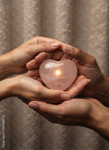Diverse hands gently cupping a glowing pink heart. Love and compassion concept with rose quartz heart. Symbol of care and unity