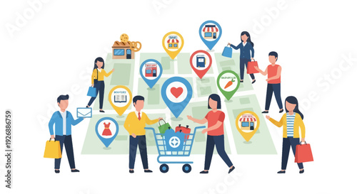 Customers Shopping at Local Businesses: Navigating a Retail Map with Store Location Pins. Hyperlocal Commerce and Community Engagement Concept.