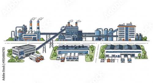Industrial complex illustration depicting factory buildings and infrastructure.