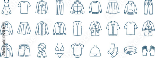 Outlined fashion clothing icons, apparel accessories, wardrobe essentials, vector illustration set, trendy garments, stylish outfit symbols, modern fashion design
