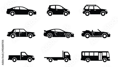 Black vehicle silhouette icon set with various car types trucks and bus side view vector illustration