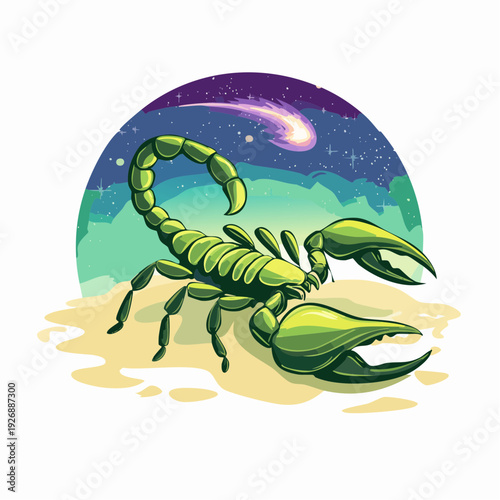 Vibrant green scorpion illustration representing the Scorpio zodiac sign under a starry night sky with a comet