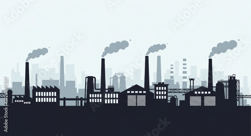 Industrial cityscape silhouette depicting factories with smokestacks emitting pollution into the atmosphere.