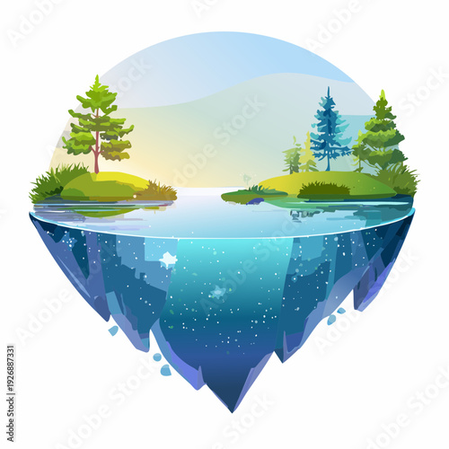 Fantasy floating island with lush green trees and a crystal clear lake illustration