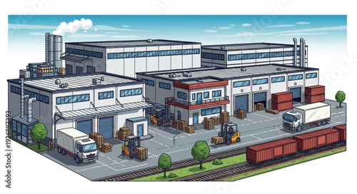 Industrial complex with warehouses, trucks, and a train, representing logistics and distribution.