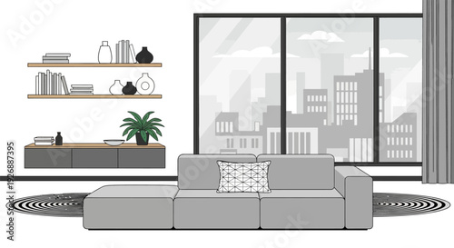 Modern minimalist living room interior with gray sofa and city view.