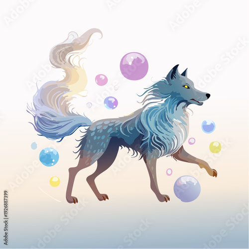Enchanting Fictional Wolf Creature with Flowing Mane and Bubbles