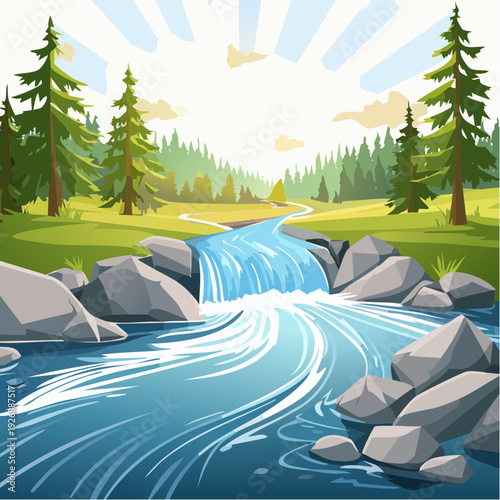 Scenic cartoon landscape concept with a flowing stream, waterfall, and pine trees