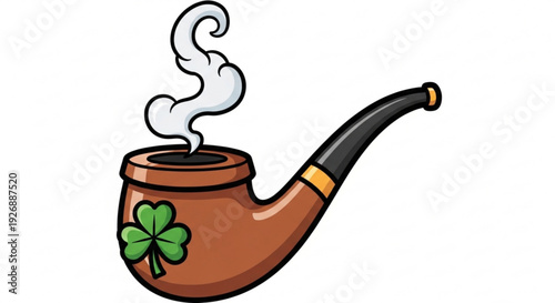 Smoking brown pipe with gold accents and green shamrock on side emitting white smoke on plain white background