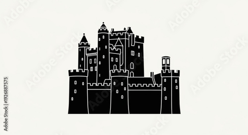 Medieval castle silhouette with towers and battlements on white background symbolizing fantasy and history