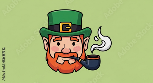 Smiling leprechaun face with green hat and smoking pipe on light green background