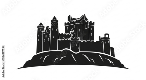 Medieval castle silhouette on a hill fantasy architecture black and white illustration dreamy landscape mythical fortress