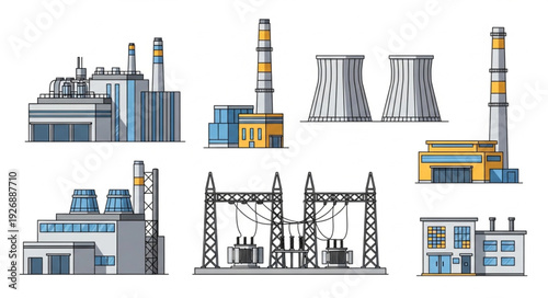 Various industrial power plants and electrical substations in a row.