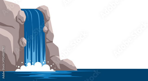 Dynamic illustration of a majestic waterfall cascading over rugged rocks into a serene body of water, symbolizing natural beauty and refreshing fluidity