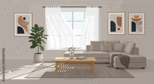 Modern minimalist living room interior with beige sofa and abstract art.