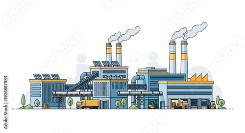 Industrial complex illustration depicting factories with smokestacks and solar panels.